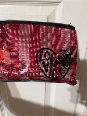 Victoria's Secret Pink Sequin Cosmetic Pouch with Black Heart 'LOVE' Graphic